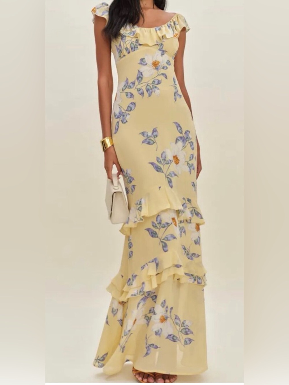 Reformation. Yellow Floral Ruffle Maxi Dress. Worn 1x for a wedding